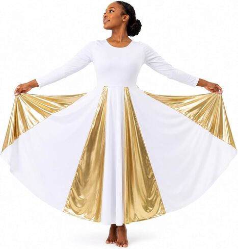 Danzcue Womens Praise Dance Dress Long Sleeve Liturgical Worship Church Dance Dress with Metallic Gold Panels in Kuwait
