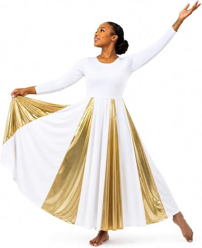 Danzcue Womens Praise Dance Dress Long Sleeve Liturgical Worship Church Dance Dress with Metallic Gold Panels in Kuwait