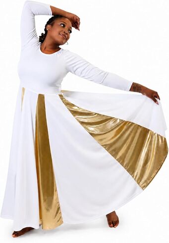 Danzcue Womens Praise Dance Dress Long Sleeve Liturgical Worship Church Dance Dress with Metallic Gold Panels in Kuwait