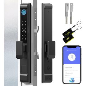 Anweller 2085 Mortise Sliding Glass Door Lock, Smart Fingerprint Code Keypad RFID Remote App Electronic Digital Biometric Safety Patio Door Double Hook Mortise Lock Set with Handle in Saudi Arabia