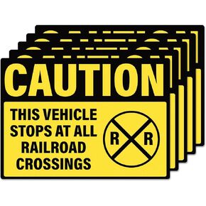 5 Pack This Vehicle Stops At All Railroad Crossings Sign 14" x 10" | Self-Adhesive Waterproof Vinyl, Strong Adhesion, Easy to Read, Caution Sticker for Trucks, Buses, Commercial Vehicles in Saudi Arabia