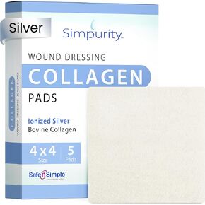 Safe n' Simple Silver Collagen Dressing Pads 4" x 4" 5 Count - Collagen Wound Dressing with Silver, Non-Adherent Collagen Pads for Wound Care, Chronic and Acute Wound Healing Supplies in Saudi Arabia