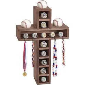 Cross Baseball Ring Display Case with 4 Extra Hooks,3 Baseball Display Location and 12-Slot,Wooden Wall Mount Baseball Ring Holder for Collection Balls, Medals,Sports Champion Rings in Kuwait