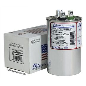 60 + 10 uf / Mfd Round Dual Universal Run Capacitor Replacement Amrad USA2221BA Replacement - used for 370 or 440 VAC , Made in the U.S.A. in Kuwait