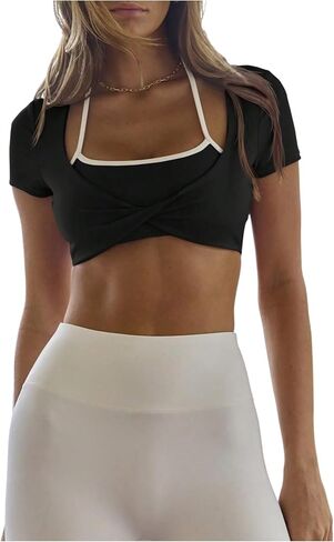 MakeMeChic Women's Athletic Halter Tops Micro Crop Short Sleeve Twisted 2 in 1 Workout Gym Shirts in Kuwait