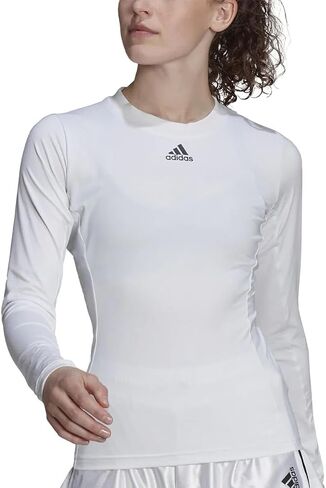 قميص تنس نسائي من adidas Feelift بأكمام طويلة بعامل حماية من الأشعة فوق البنفسجية 50، أبيض in Kuwait