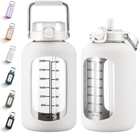 MUKOKO 100oz Glass Water Bottle with Time Marker and Silicone Sleeve 3L Large Water Jug with Stainless Steel Handle Gallon Drinking Bottle with 2-in-1 Lid Wide Mouth BPA Free, Dark Blue in Kuwait