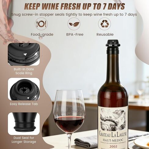 Wine Stopper, Wine Saver Vacuum Pump with 4 Reusable Stoppers, Wine Bottle Preserver & Sealer Keeps Fresh Longer, Ergonomic Handle, ideal Gift in Kuwait