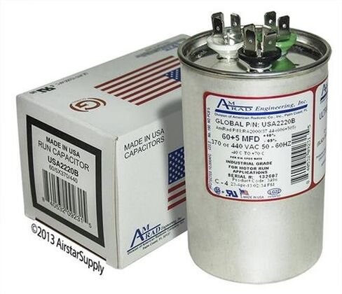 Trane CPT00691 / CPT-0691 Replacement - 60 + 5 uf/Mfd 370/440 VAC AmRad Round Dual Universal CapacitorReplacement Made in The U.S.A. in Kuwait