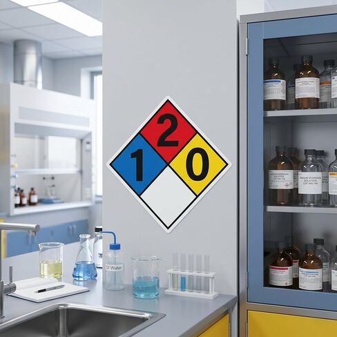 NFPA 704 Placard Diamond 1-2-0-0 12 Inch Diamond Label 10 Pack | NFPA Sign, Laminated Adhesive Vinyl, Weatherproof, Hazard Stickers, Industrial Chemical Storage in Kuwait