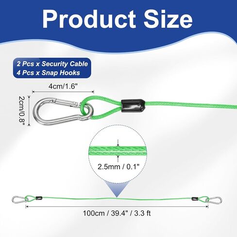 PATIKIL 3.3ft (39.4") Security Steel Cable with Snap Hook, 2Pcs PVC Coated Flexible Double Loop Wire Rope Bike Cable Lock Security Chain for Outdoor Travel Luggage, Clear Green in Kuwait