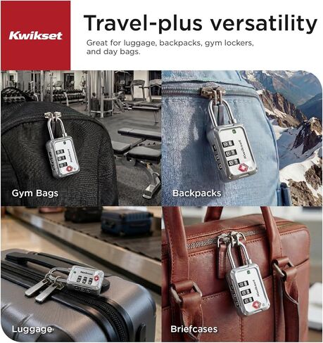 قفل أمتعة مكون من 3 أرقام معتمد من kwikset TSA، حقيبة سفر وقفل حقيبة، هيكل 1-3/16 بوصة، عبوة واحدة، فضي in Kuwait