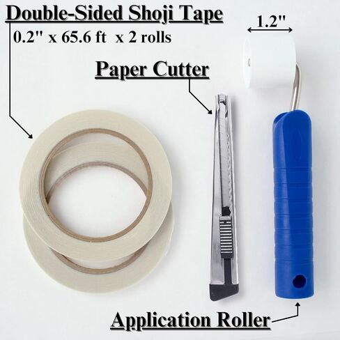ONAO Shoji Screen Repair Kit for Plastic Shoji Paper - Double Sided Shoji Tape 0.2" x 131.2 ft (65.6 ft x 2 Rolls), Application Roller, Cutter - Made in Japan in Kuwait