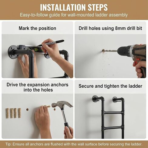 8FT/244CM Wall Mounted Ladder, 8-Rung Heavy Duty Metal Loft Ladder 355lbs, Black Loft Bed Ladder with Hardware, Wall Mounted Climbing Ladder for Attic Access, Basement, Dormitory, Duplex & Tiny House in Kuwait