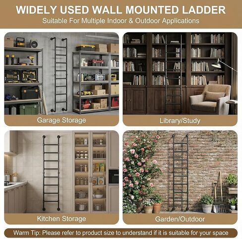 8FT/244CM Wall Mounted Ladder, 8-Rung Heavy Duty Metal Loft Ladder 355lbs, Black Loft Bed Ladder with Hardware, Wall Mounted Climbing Ladder for Attic Access, Basement, Dormitory, Duplex & Tiny House in Kuwait