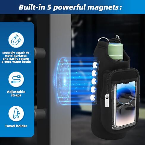 Magnetic Gym Bag for Men Women - Neoprene Water Bottle Holder with 5 Powerful Magnets, Adjustable Strap, for Gym, Hiking, Cycling (Fits 20-40oz) | waterproof in Kuwait