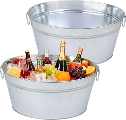 2 PCS 15.3 x 11.7 inch Oval Galvanized Tub with Handles, 3.5 Gallon Metal Ice Bucket, Large Metal Drink Buckets for Wine, Cocktails, Parties, Outdoor Beer Ice Tub in Kuwait