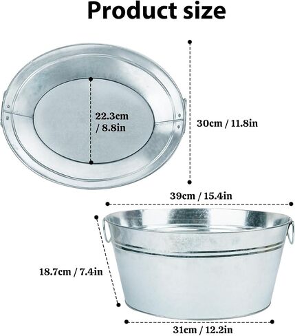 2 PCS 15.3 x 11.7 inch Oval Galvanized Tub with Handles, 3.5 Gallon Metal Ice Bucket, Large Metal Drink Buckets for Wine, Cocktails, Parties, Outdoor Beer Ice Tub in Kuwait