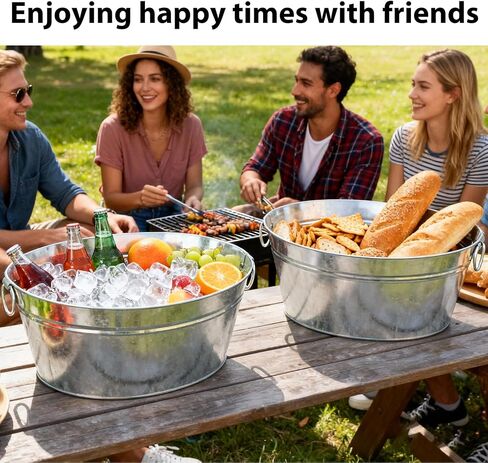 2 PCS 15.3 x 11.7 inch Oval Galvanized Tub with Handles, 3.5 Gallon Metal Ice Bucket, Large Metal Drink Buckets for Wine, Cocktails, Parties, Outdoor Beer Ice Tub in Kuwait