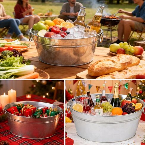 2 PCS 15.3 x 11.7 inch Oval Galvanized Tub with Handles, 3.5 Gallon Metal Ice Bucket, Large Metal Drink Buckets for Wine, Cocktails, Parties, Outdoor Beer Ice Tub in Kuwait
