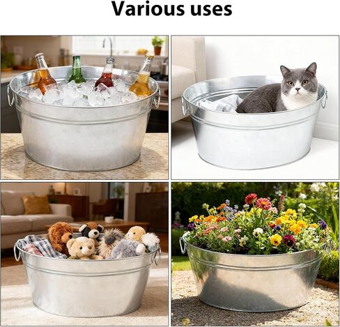 2 PCS 15.3 x 11.7 inch Oval Galvanized Tub with Handles, 3.5 Gallon Metal Ice Bucket, Large Metal Drink Buckets for Wine, Cocktails, Parties, Outdoor Beer Ice Tub in Kuwait