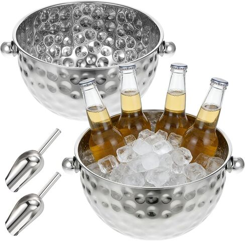 2 Pack Ice Buckets with Scoops, 4.6L&6L Metal Beverage Tubs, Stainless Steel Wine Bucket, Champagne Bucket, Large Ice Buckets for Parties Beer Bottle Drinks, Dishwasher Safe in Kuwait
