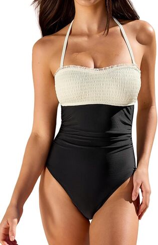 CUPSHE Women One Piece Swimsuit Halter Smocked Ruched Bathing Suit | V neck Color block Back hook in Kuwait