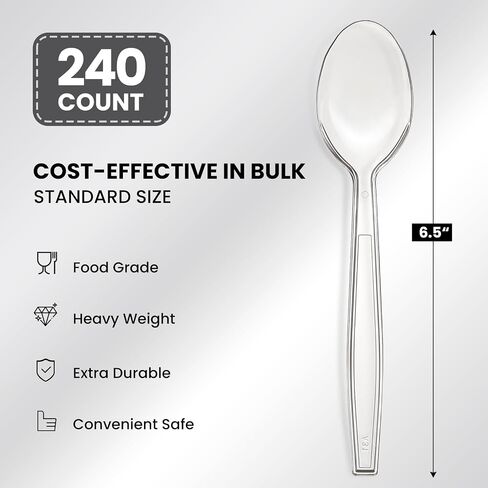 240 Count Extra Heavy Duty Clear Plastic Spoons, Solid and Durable Premium Disposable Spoons - BPA-Free & Heat Resistant Plastic Cutlery Utensils for Parties, Events and Everyday Use in Kuwait