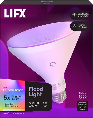 لمبة الإضاءة الذكية LIFX PAR38 E26 (عبوة واحدة)، تغيير لون RGB + أبيض دافئ 1600 لومن 150 وات LED قابل للضبط، 90+ CRI، متوافق مع المادة، Apple HomeKit، Alexa & Google Home Dimmable in Kuwait