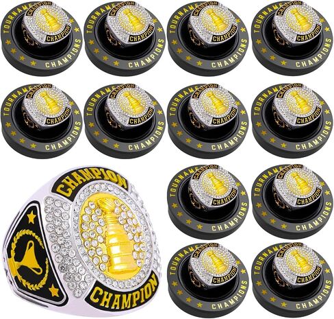 12 Pcs Hockey Championship Ring Hockey Ring Sport Ball Trophy Award Gift with Display Neck Chain and Stand for Tournament or League Champion Winner in Kuwait