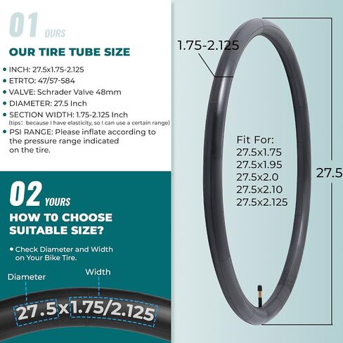 قطعتان، أنابيب دراجة ممتازة 27.5x1.75/1.95/2.0/2.10/2.125، متوافقة مع إطار دراجة 27.5x1.75 إلى 2.125 مع صمام شريدر 48 مم، مطاط البوتيل، تستخدم للجبال، الطراد، دراجات الطرق in Kuwait