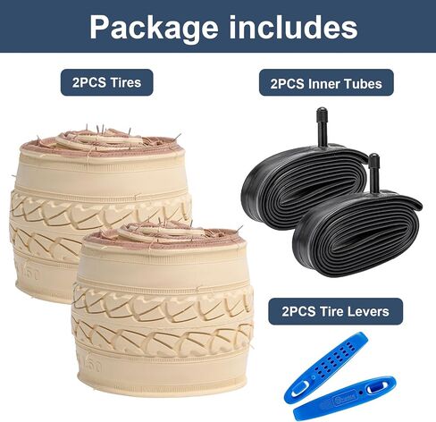 YUNSCM 2-PCS 26" Cream Bike Tires 26x1.50/36-559 and 26" Heavy Duty Bike Tubes Schrader Valve Compatible with Road Bike 26 x 1.50 Bike Bicycle Tires and Tubes (Y-1058) in Kuwait