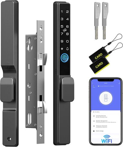 Anweller 2085 Mortise Sliding Glass Door Lock, Smart Fingerprint Code Keypad RFID Remote App Electronic Digital Biometric Safety Patio Door Double Hook Mortise Lock Set with Handle in Saudi Arabia