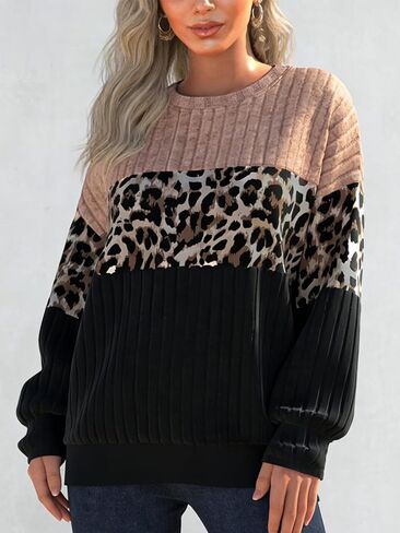 Women's Leopard Print Color Block Ribbed Sweatshirt Long Sleeve Crew Neck Casual Pullover Top in Kuwait