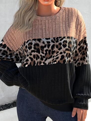 Women's Leopard Print Color Block Ribbed Sweatshirt Long Sleeve Crew Neck Casual Pullover Top in Kuwait