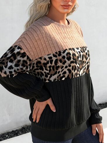 Women's Leopard Print Color Block Ribbed Sweatshirt Long Sleeve Crew Neck Casual Pullover Top in Kuwait