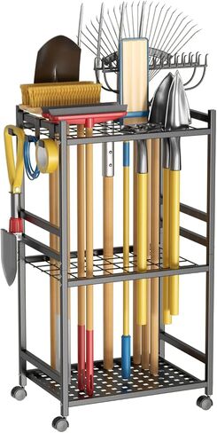 Garden Tool Organizer with Wheels, Heavy-Duty Yard Tool Rack with 3 Side Hooks, Holds Up to 40 Long-Handled Tools, Metal Garage Tool Storage for Lawn & Outdoor Organization in Kuwait
