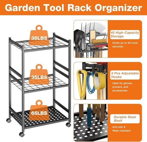 Garden Tool Organizer with Wheels, Heavy-Duty Yard Tool Rack with 3 Side Hooks, Holds Up to 40 Long-Handled Tools, Metal Garage Tool Storage for Lawn & Outdoor Organization in Kuwait