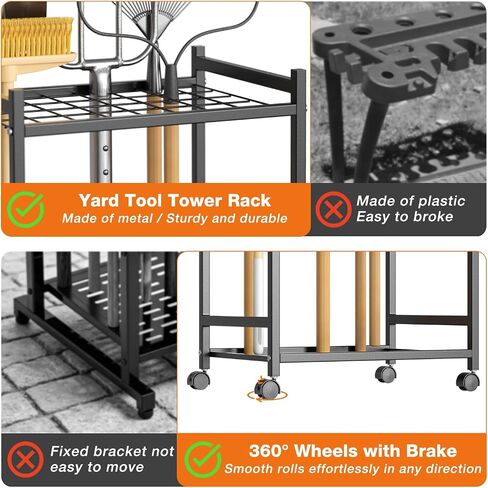 Garden Tool Organizer with Wheels, Heavy-Duty Yard Tool Rack with 3 Side Hooks, Holds Up to 40 Long-Handled Tools, Metal Garage Tool Storage for Lawn & Outdoor Organization in Kuwait