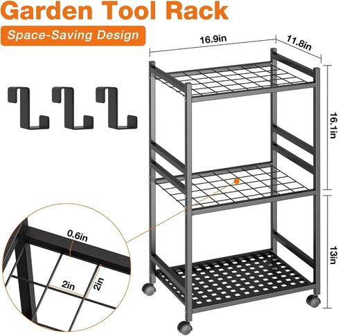 Garden Tool Organizer with Wheels, Heavy-Duty Yard Tool Rack with 3 Side Hooks, Holds Up to 40 Long-Handled Tools, Metal Garage Tool Storage for Lawn & Outdoor Organization in Kuwait