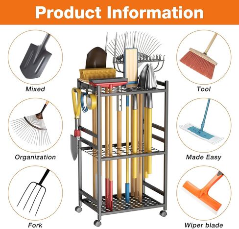 Garden Tool Organizer with Wheels, Heavy-Duty Yard Tool Rack with 3 Side Hooks, Holds Up to 40 Long-Handled Tools, Metal Garage Tool Storage for Lawn & Outdoor Organization in Kuwait