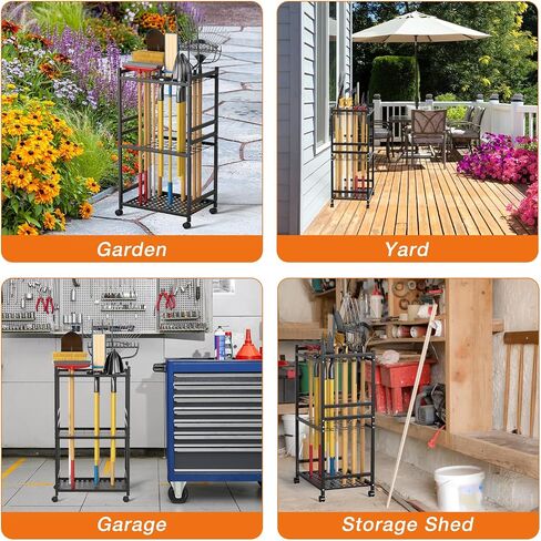 Garden Tool Organizer with Wheels, Heavy-Duty Yard Tool Rack with 3 Side Hooks, Holds Up to 40 Long-Handled Tools, Metal Garage Tool Storage for Lawn & Outdoor Organization in Kuwait