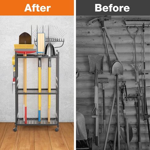 Garden Tool Organizer with Wheels, Heavy-Duty Yard Tool Rack with 3 Side Hooks, Holds Up to 40 Long-Handled Tools, Metal Garage Tool Storage for Lawn & Outdoor Organization in Kuwait