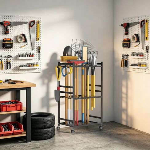 Garden Tool Organizer with Wheels, Heavy-Duty Yard Tool Rack with 3 Side Hooks, Holds Up to 40 Long-Handled Tools, Metal Garage Tool Storage for Lawn & Outdoor Organization in Kuwait