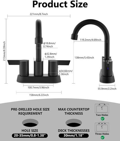 4-Inch Centerset Bathroom Faucet 3-Hole,2-Handle Sink Faucet with Pop-Up Drain & Supply Lines Matte Black in Kuwait