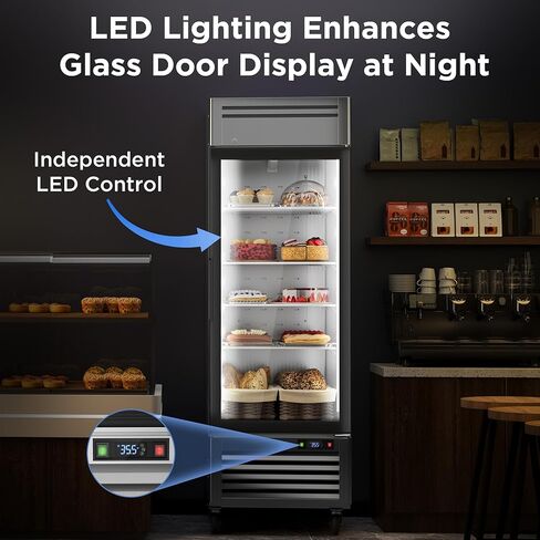 ثلاجة عرض تجارية Coolake 23 قدم مكعب مع باب زجاجي، ثلاجة تاجر بإضاءة LED من الفولاذ المقاوم للصدأ مقاس 27 بوصة، ثلاجة مشروبات تبريد بمروحة مع 4 أرفف لمتجر مقهى ومكتب البقالة in Kuwait