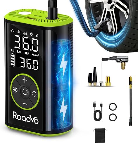Roadvo 10000mAh Tire Inflator Portable Air Compressor | 150PSI, 3X Faster Electric Cordless, Presta & Schrader Valves, Auto Shut-Off, LED,Car,Motorcycle,Bike,Ball in Kuwait