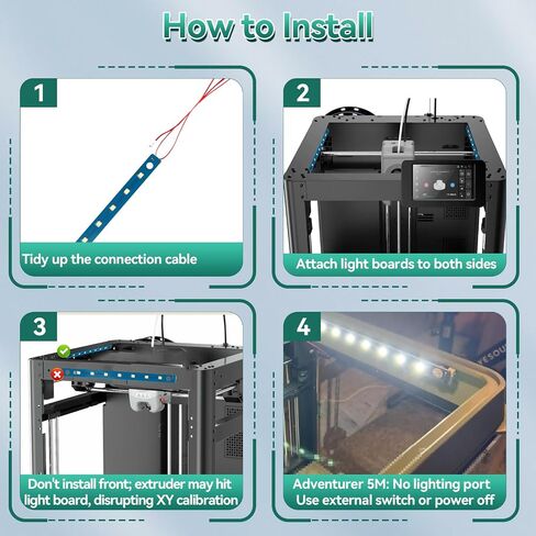 4 قطع شريط إضاءة LED مناسب لطابعات Adventuer 5M/ 5M Pro/ AD5X، ملحقات الطابعة مجموعة لوحة إضاءة LED 24 فولت شريط إضاءة سطوع المصباح الأبيض يتضمن كابل توصيل in Kuwait