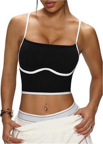 SOLY HUX Women's Workout Camisole Tops Spaghetti Strap Contrast Binding Athletic Yoga Gym Crop Top in Kuwait