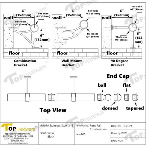 Solid Bar Mount Foot Rail Kit, 2" OD Matt Black Stainless Steel Tubing w/Internal Connector, Combination Foot Rail Brackets, Tapered End Cap, 19 ft = 76 in x 3 in Kuwait